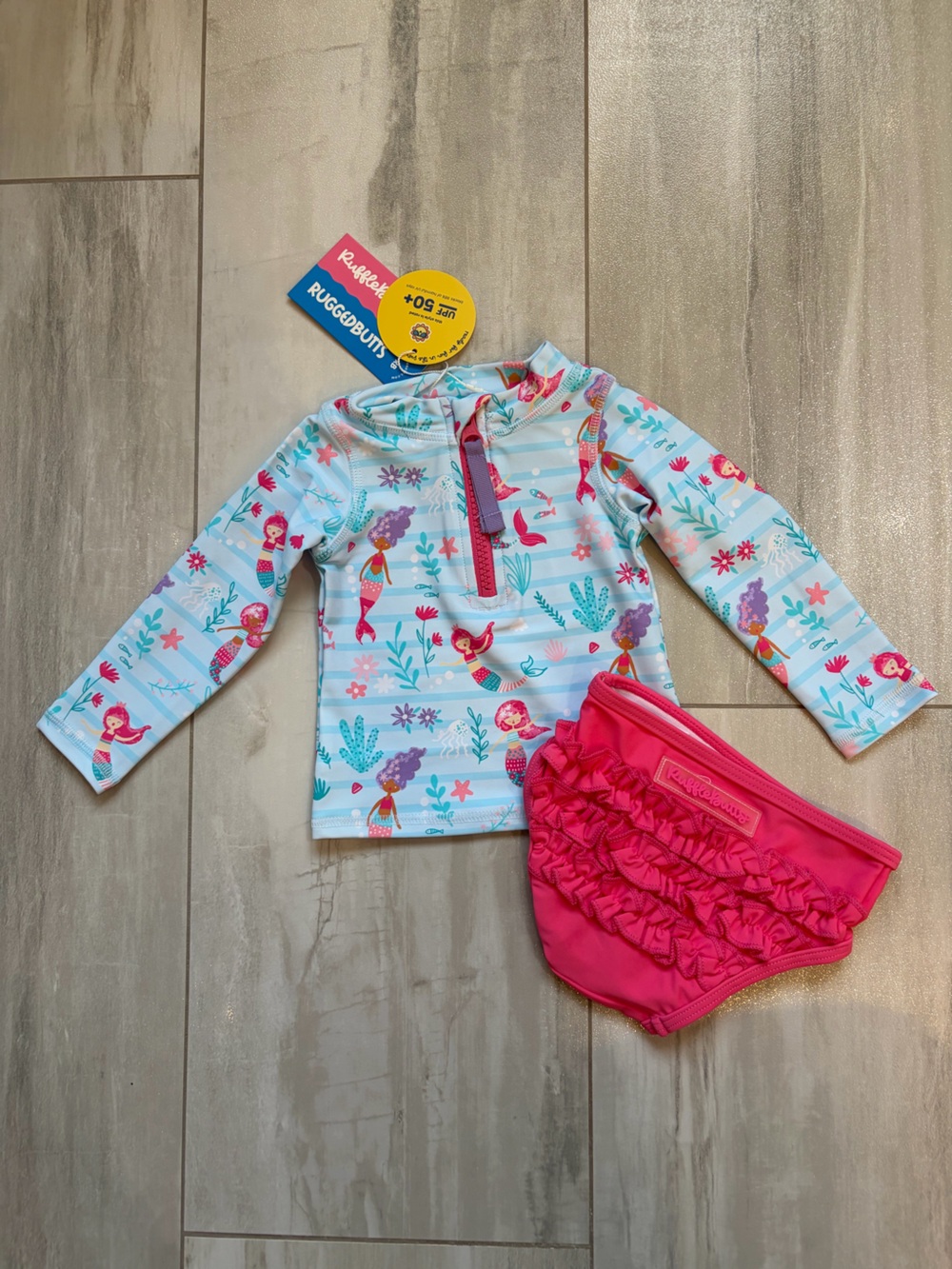NWT RuffleButts Mermaid Princess Long Sleeve Rashguard Bikini Swimsuit Girl 3-6M
